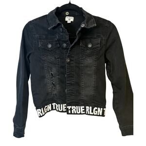 True Religion Boys Sz S Black Denim Distressed Trucker Jacket Y2K 90s Streetwear